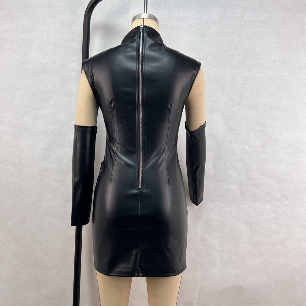 Vestido estilo hipster de piel sintética, sin mangas, cuello alto y mangas largas, plisado