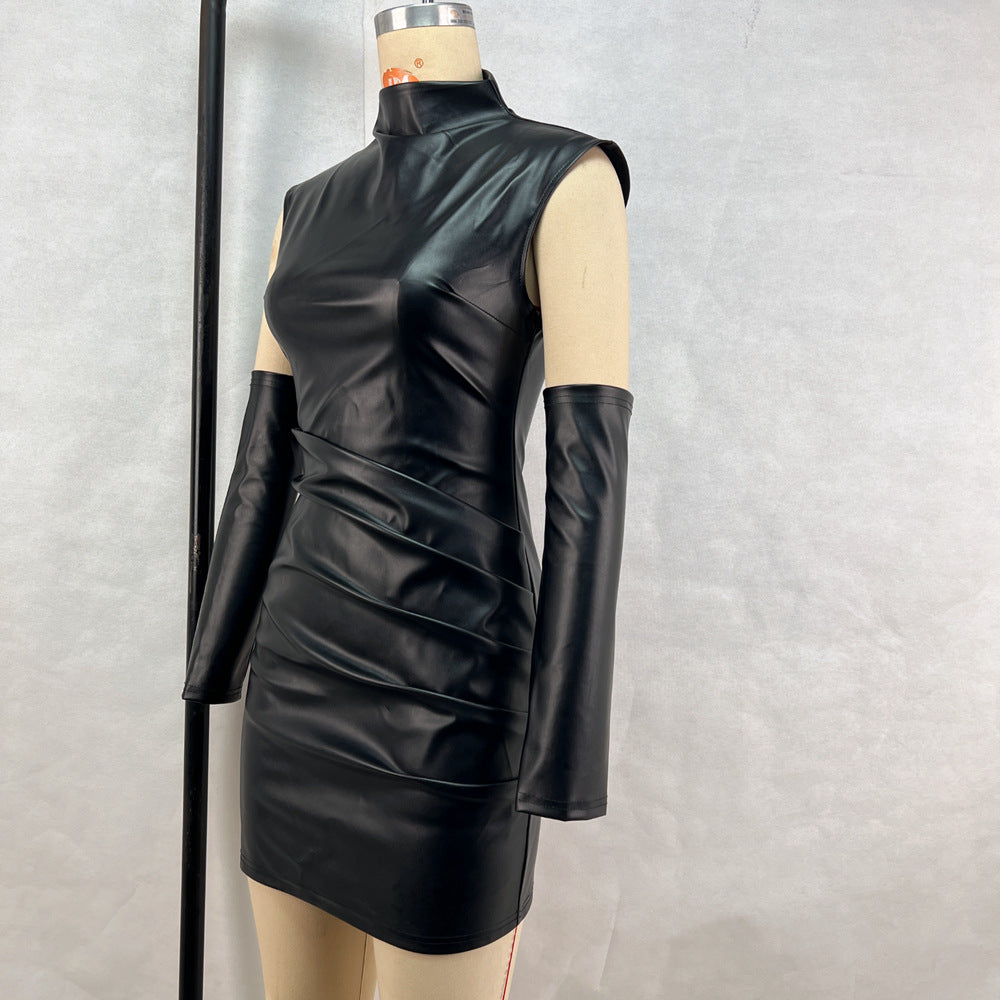 Vestido estilo hipster de piel sintética, sin mangas, cuello alto y mangas largas, plisado
