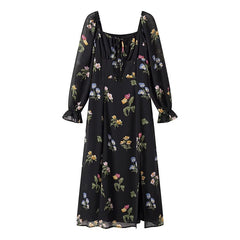 Vestido estampado de manga larga y cuello cuadrado sencillo
