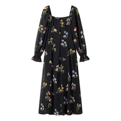 Vestido estampado de manga larga y cuello cuadrado sencillo