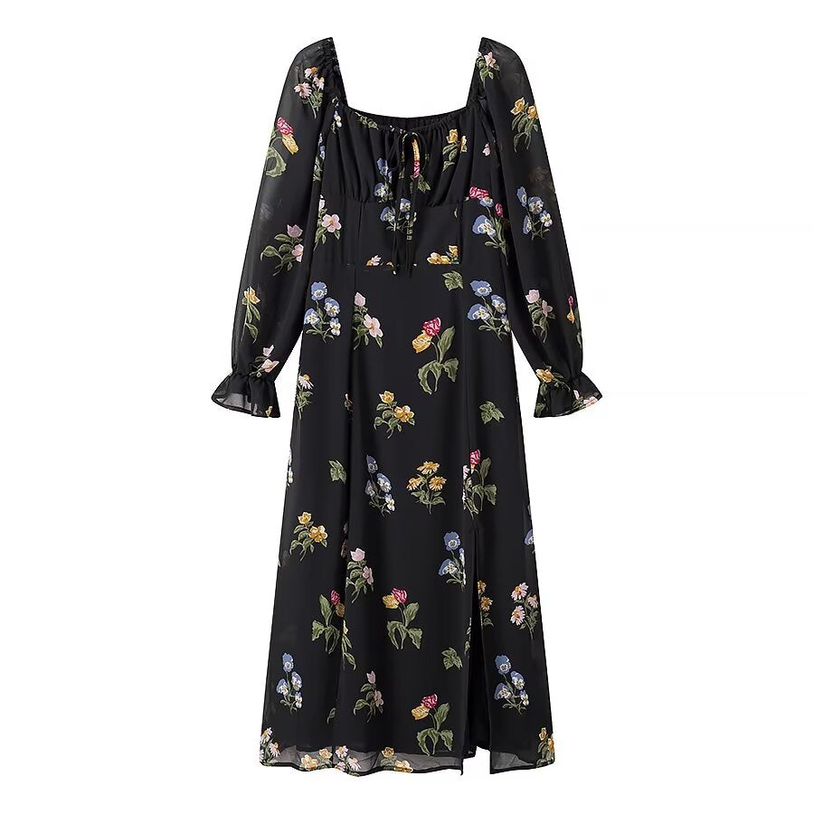 Vestido estampado de manga larga y cuello cuadrado sencillo