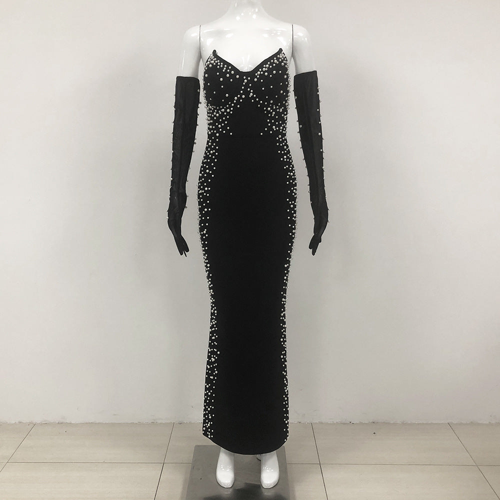 Vestido tubo estilo socialité con decoración de perlas y banda elástica