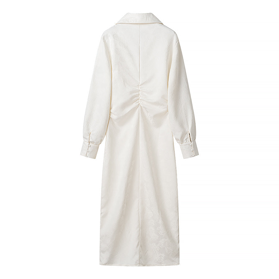 Vestido sencillo de jacquard con cuello en V y cordón ajustable