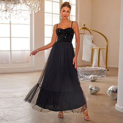 Sling Solid Color Sequ Mesh Dress
