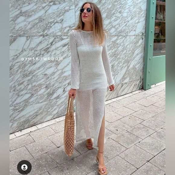 Vestido playero largo de punto con aberturas y blusa para vacaciones