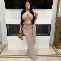 Halter Mesh Slim Fit High Slit Solid Color