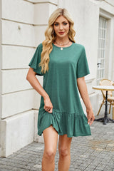 Cash Solid Color round Neck Loose Short Sleeve Pleated Dress
