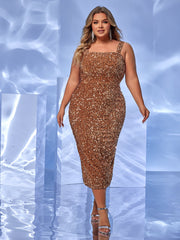 Plus Size Solid Color Square Collar Sequin Sling High Waist Evening Dress