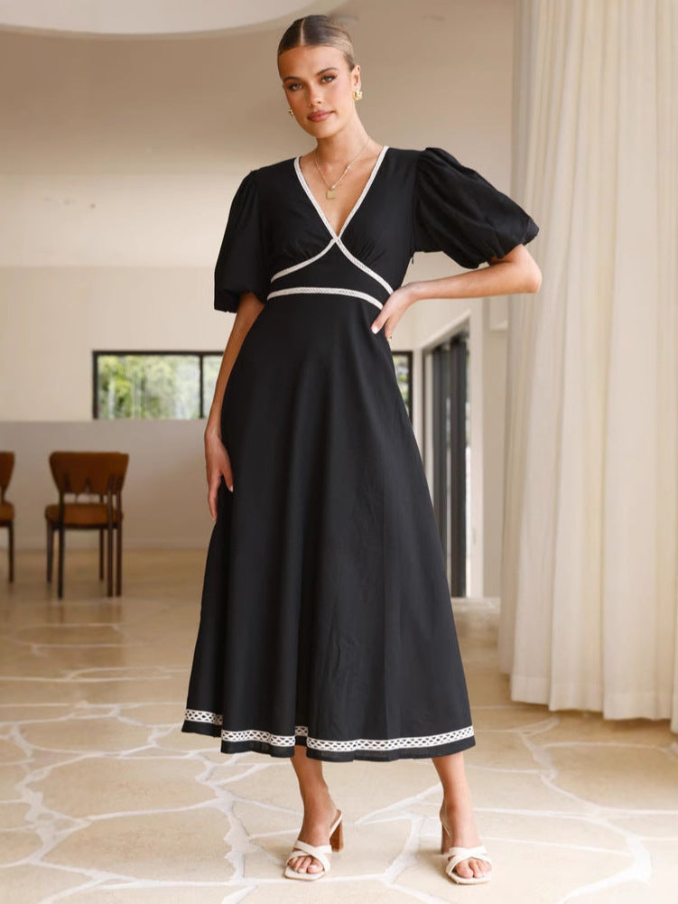 V neck Solid Color Stitching Lace Puff Sleeve Waist Tight Maxi Dress