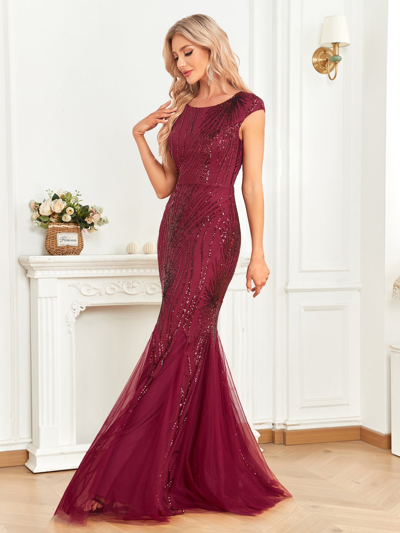 Vestido largo rojo vino con cola de pez y lentejuelas, vestido de dama de honor ajustado con cola de pez, vestido de cóctel de noche