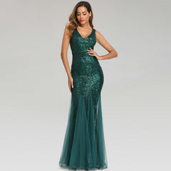 Sequin Stitching Mesh Mermaid Evening Dress Double V Neck Sleeveless Bridesmaid Elastic Dress