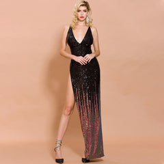 Evening Gradient Color Cocktail Host Fishtail V Neck Slimming Elegant Dress