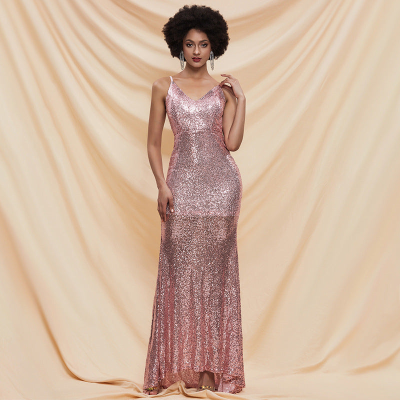 Party Dress Backless Bow Sequined Shiny Sleeveless Strap Trailing Evening
