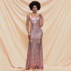 Party Dress Backless Bow Sequined Shiny Sleeveless Strap Trailing Evening