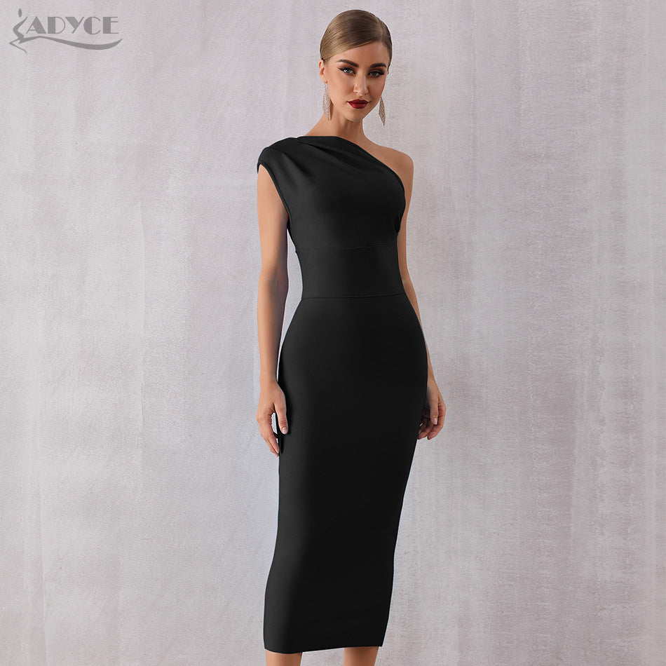 Elegante vestido de noche azul cielo ajustado, sin mangas, de una pieza, con un solo hombro y vendaje