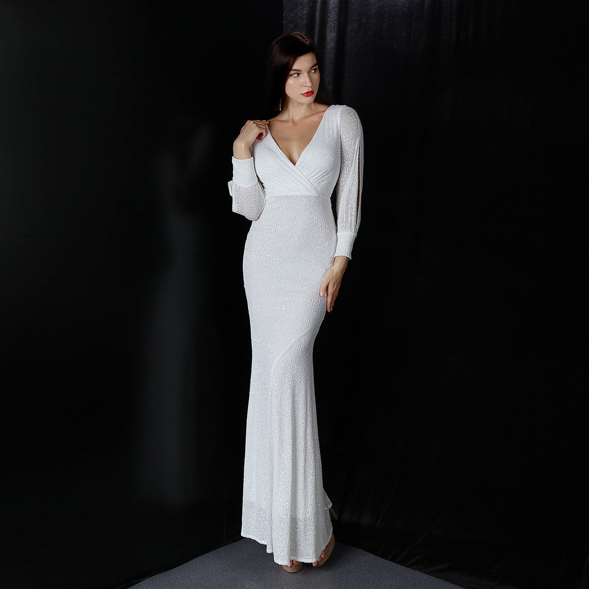 Cocktail Elegant Long Long Sleeve Sequined Atmosphere Queen Fishtail Evening Dress
