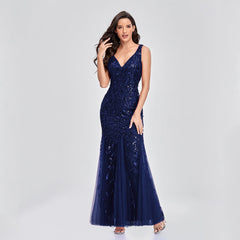 Dress Sleeveless V-neck Embroidery Sequin Slim Fishtail Bridesmaid Evening Dress for