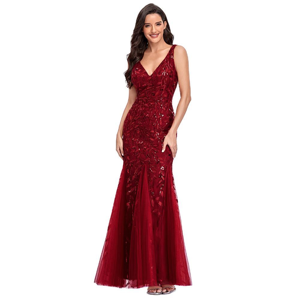 Dress Sleeveless V-neck Embroidery Sequin Slim Fishtail Bridesmaid Evening Dress for