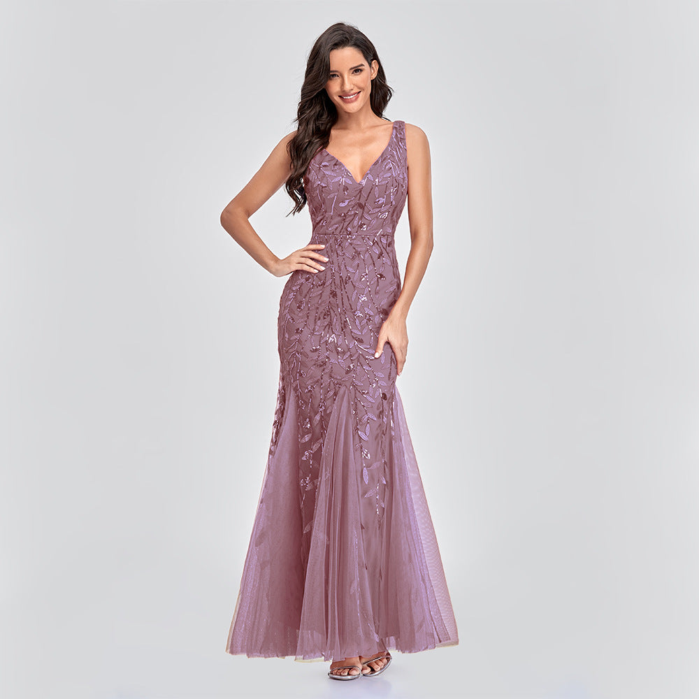 Dress Sleeveless V-neck Embroidery Sequin Slim Fishtail Bridesmaid Evening Dress for