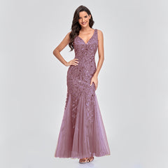 Dress Sleeveless V-neck Embroidery Sequin Slim Fishtail Bridesmaid Evening Dress for