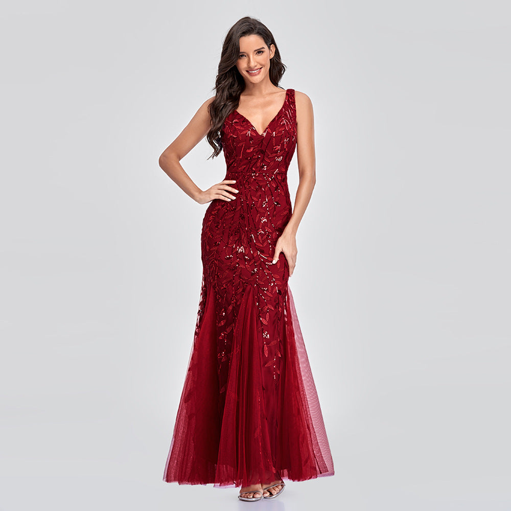 Dress Sleeveless V-neck Embroidery Sequin Slim Fishtail Bridesmaid Evening Dress for