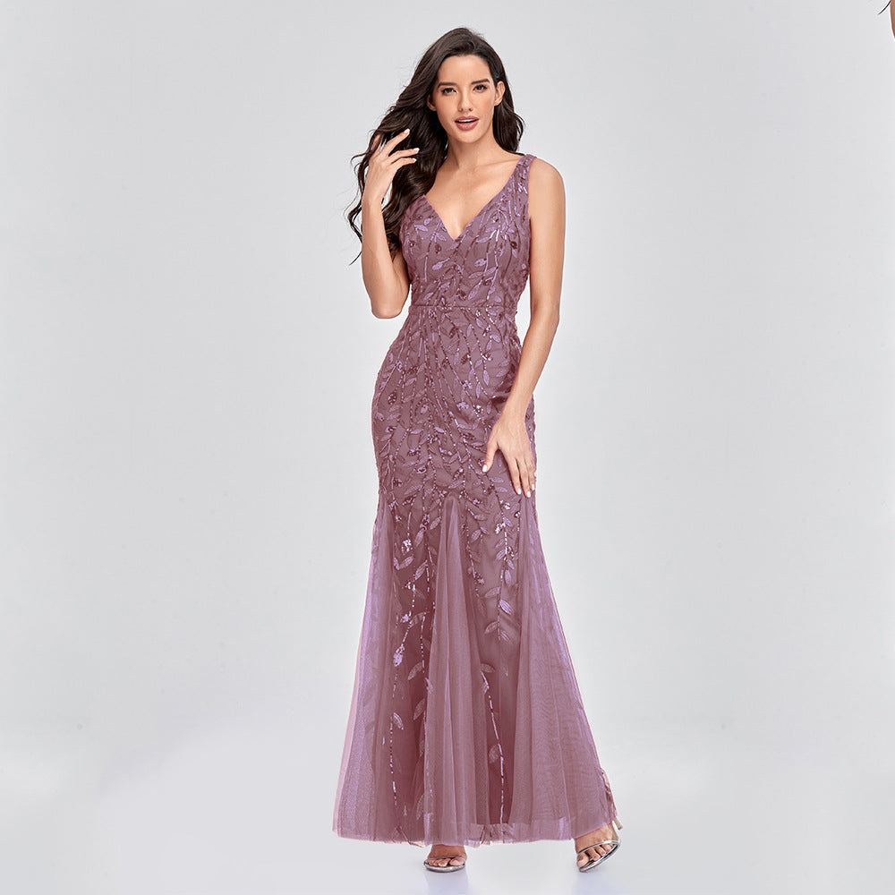 Dress Sleeveless V-neck Embroidery Sequin Slim Fishtail Bridesmaid Evening Dress for