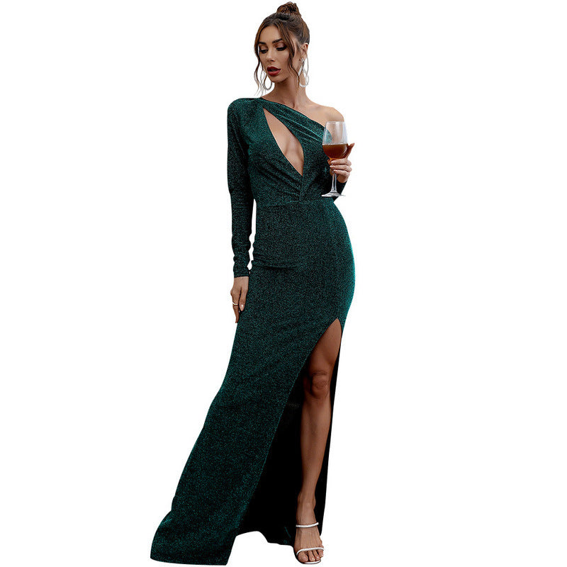 Vestido maxi de noche de color sólido para banquete elegante de un hombro irregular asimétrico largo ajustado vestido maxi de fiesta
