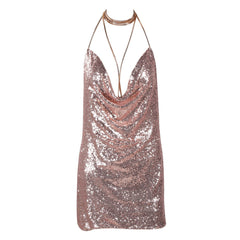 Dress Sleeveless Deep V Plunge Neck Backless Metal Sequ Short Dress