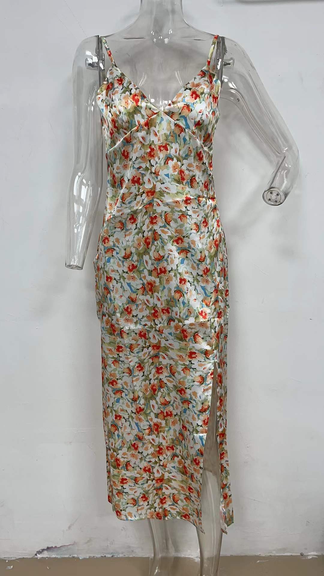 Small Floral Print Vestidos Slit Hemline at Hem Mid-Length Strap Estampado Floral Dress