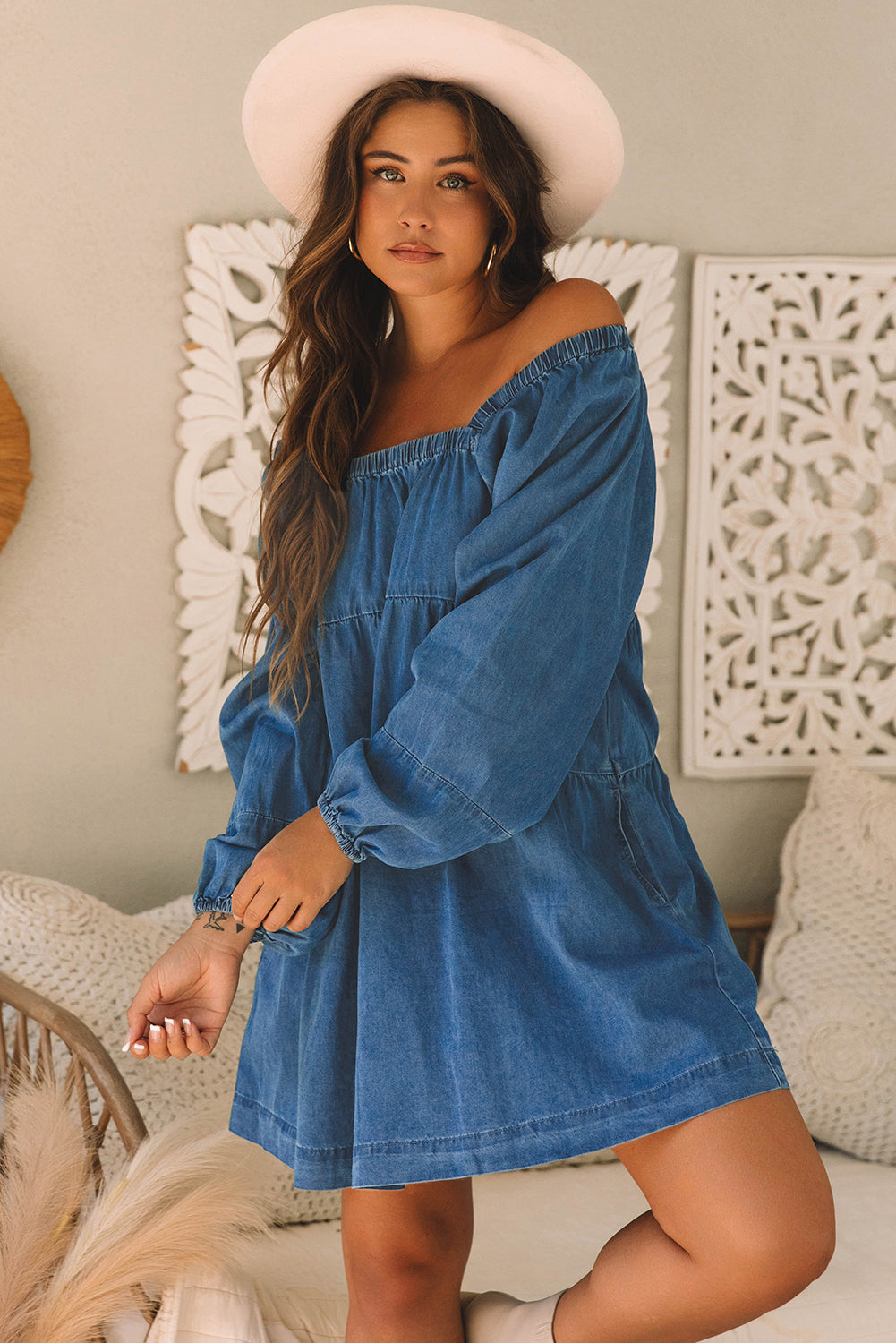 Dusk Blue Square Neck Side Pockets Loose Fit Denim Mini Dress AmiEmi Dusk Blue Square Neck Side Pockets Loose Fit Denim Mini Dress AmiEmi