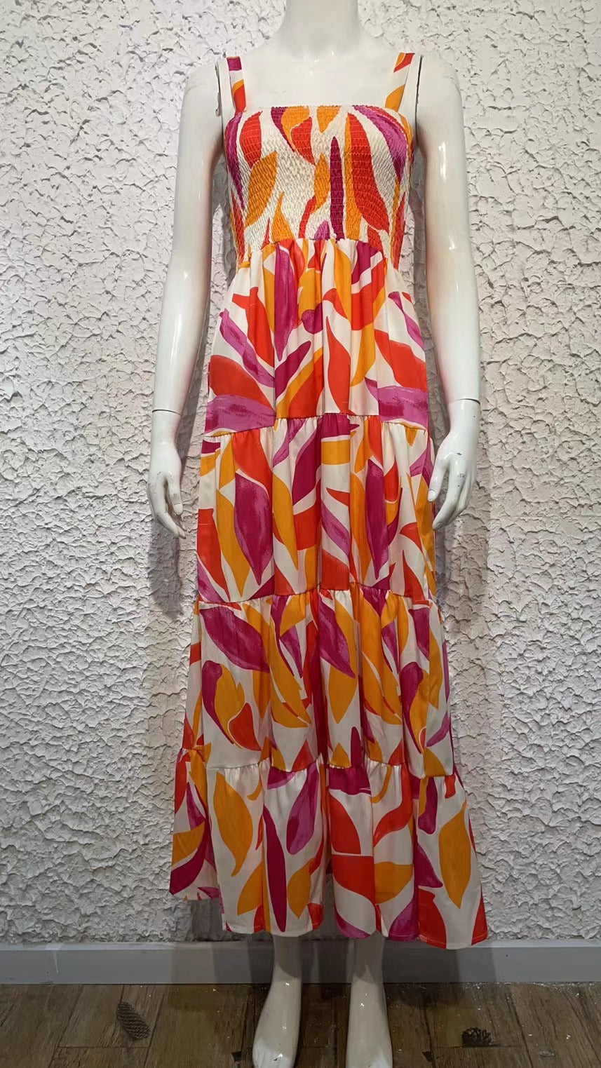 Camisole Tube Top Cinched Waist Large Printed Dress for Abstract Floral