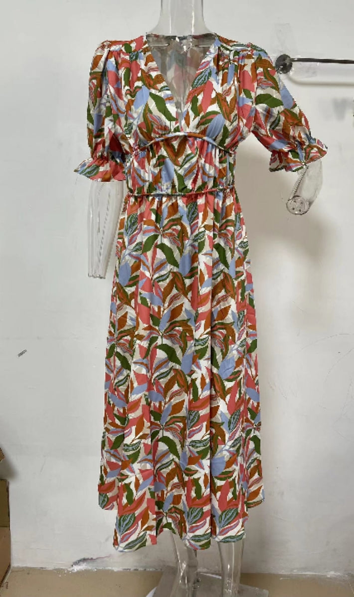 Digital Floral Print Fresh Sweet Mid-Length Dress