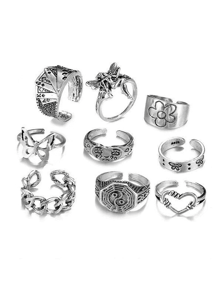 9pcs Vintage Butterfly Flower Angel Ring