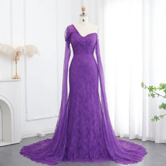 Lace Purple Mermaid Evening Dress with Cap Sleeves