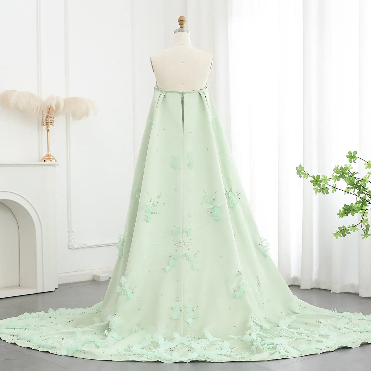 Crystal 3D flower Sage Green Satin Dress with Cape