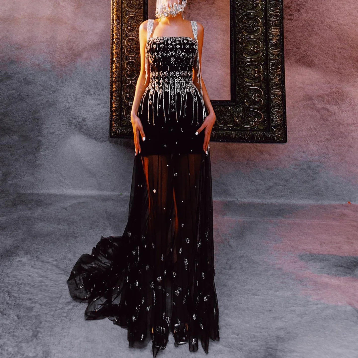 Crystal Tassel Black Evening Dress with Straps / Cape Strapless