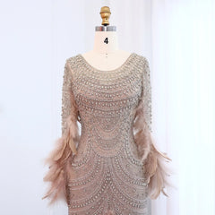 Feather Nude Mermaid Long Sleeves Elegant Gown