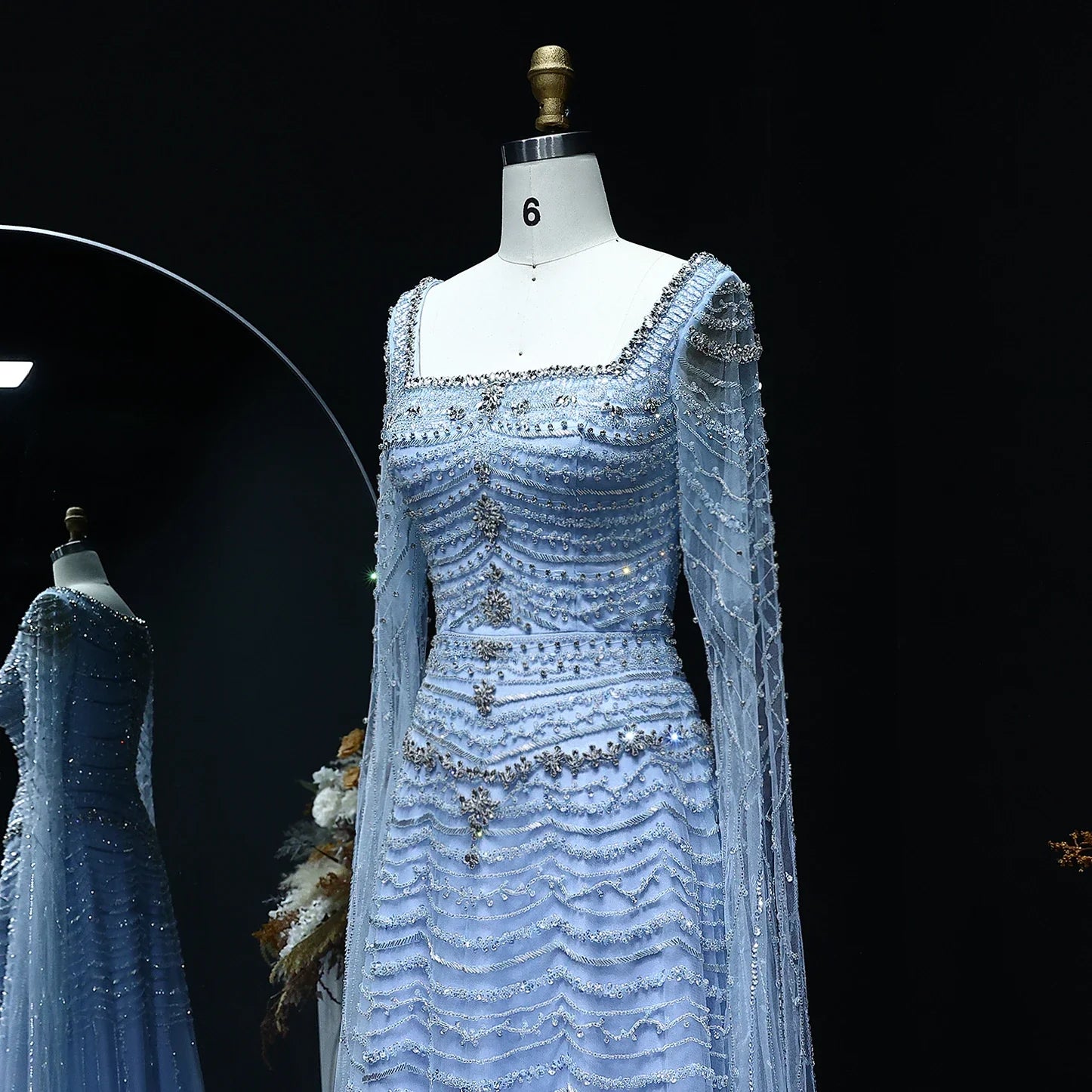 Blue Nude Evening Dress with Cape Sleeves