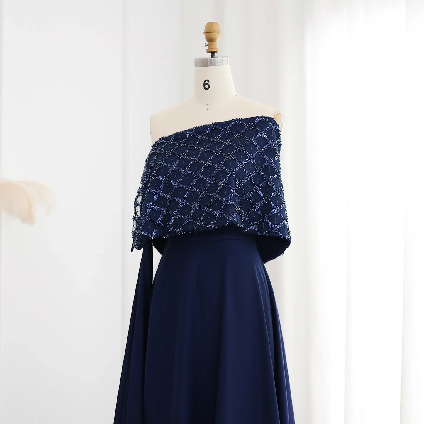 Navy Blue Off-Shoulder Evening Dress with Cape