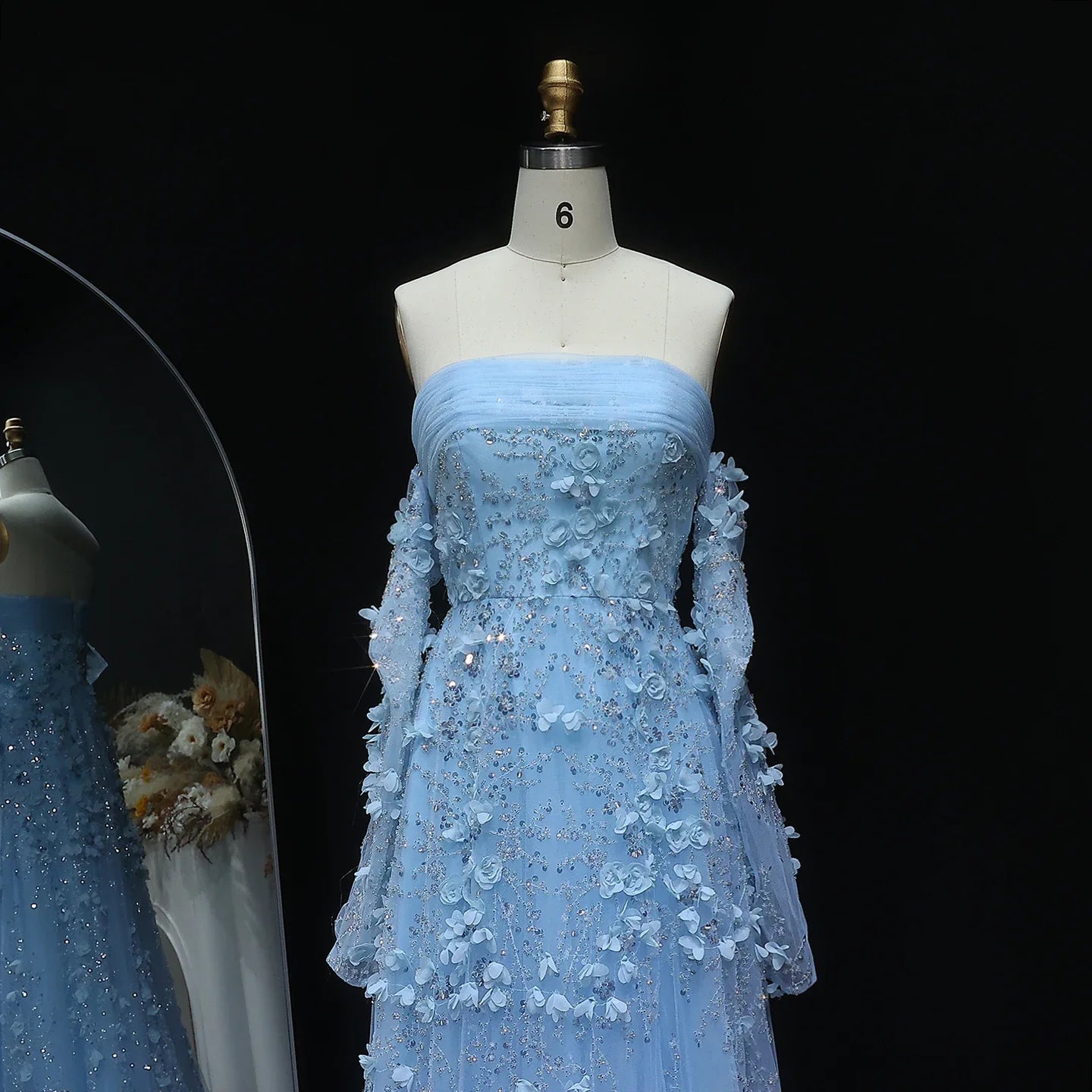 3D Flowers Strapless Evening Dress with Long Sleeves