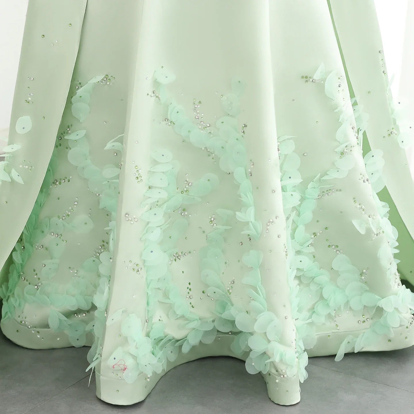 Crystal 3D flower Sage Green Satin Dress with Cape