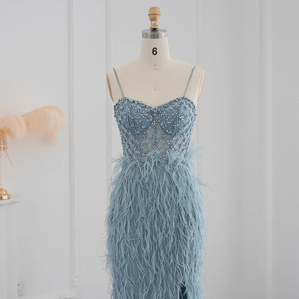 Feathers Spaghetti Straps Side Slit Prom Dress