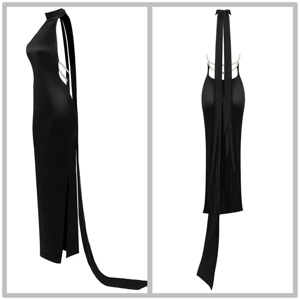 High Neck Satin Bareback Sleeveless Long Dress