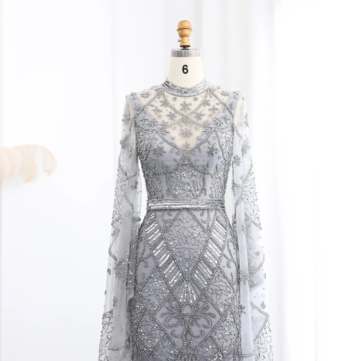 Black Beaded Flare Long Sleeves High Neck Gowns