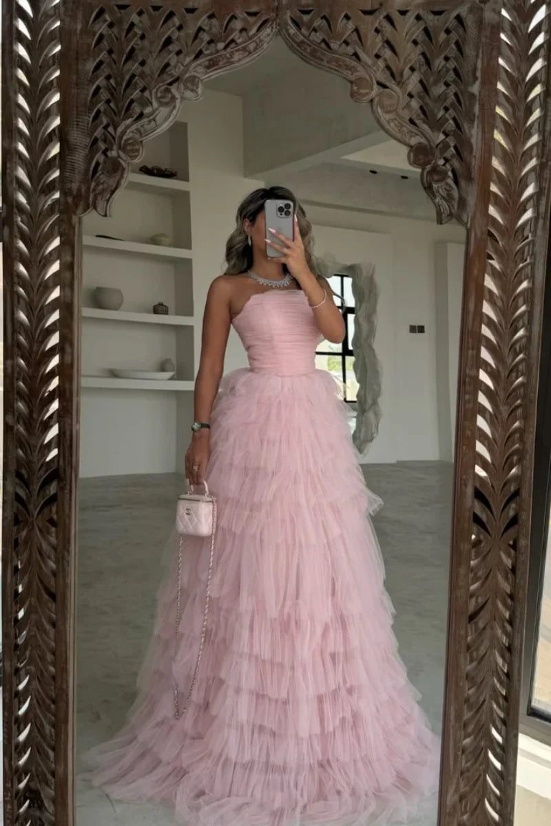 Pink Hand-pleated Tulle Multi-layer Prom Dresses