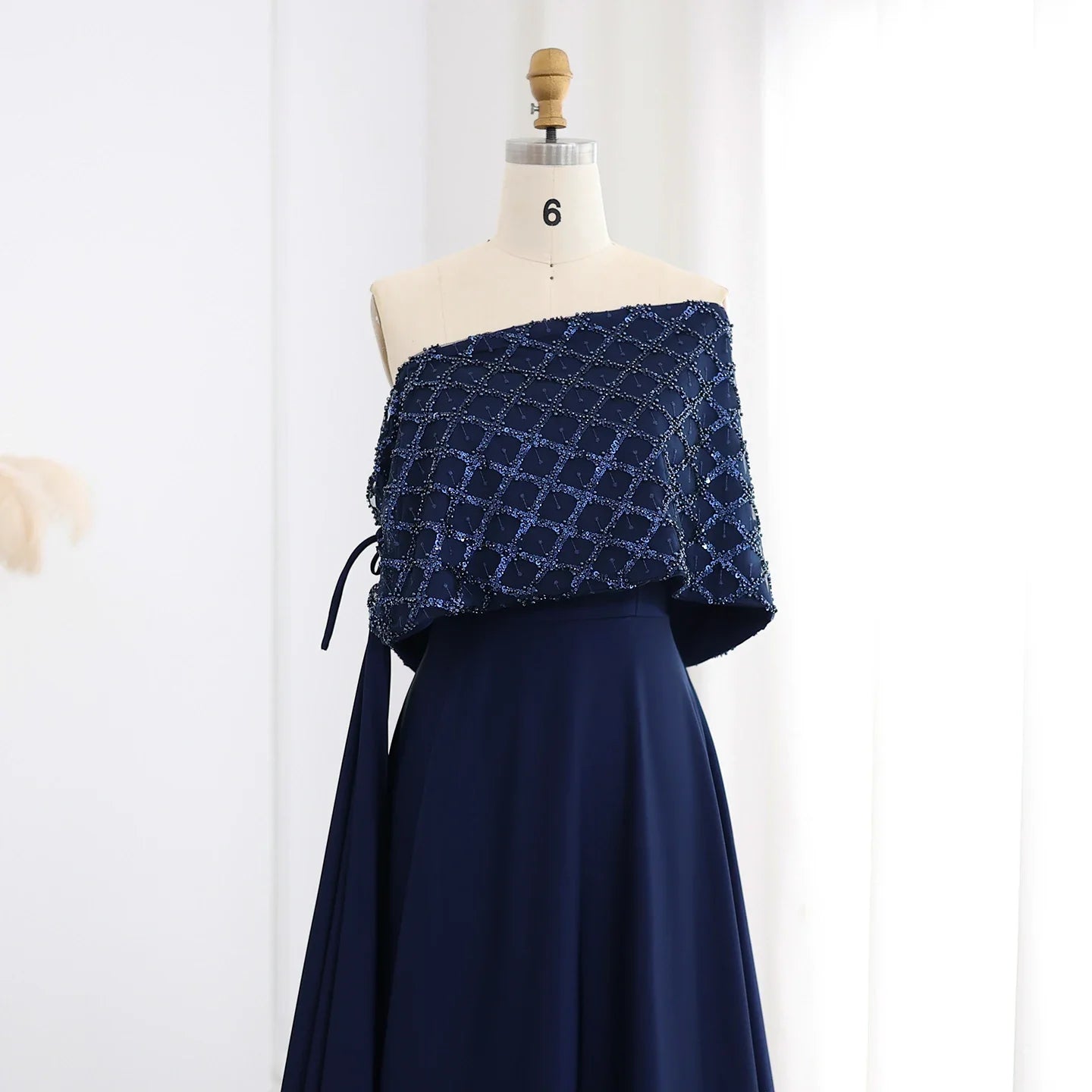Navy Blue Off-Shoulder Evening Dress with Cape