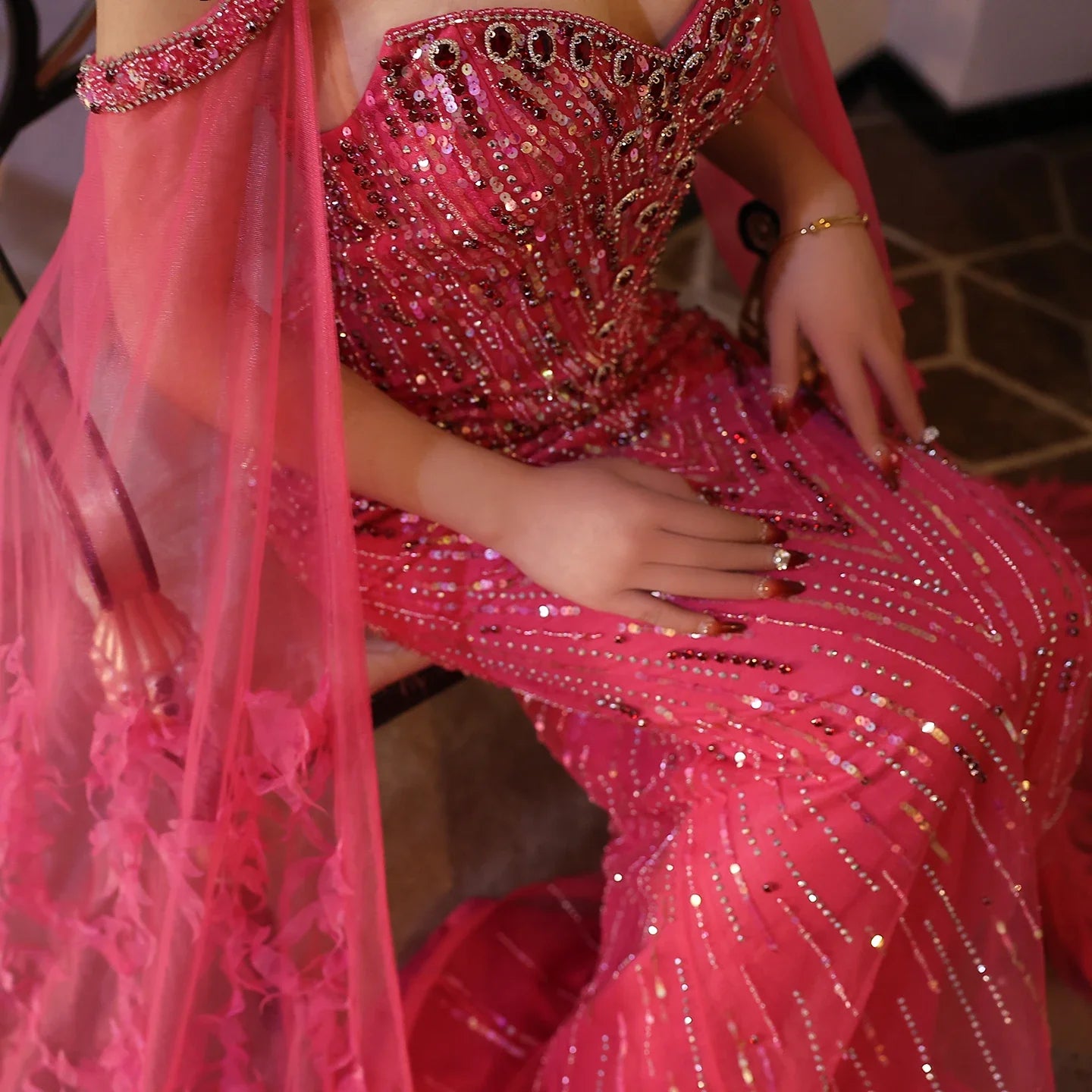 Crystal Fuchsia Mermaid Evening Dresses with Cape Sleeves