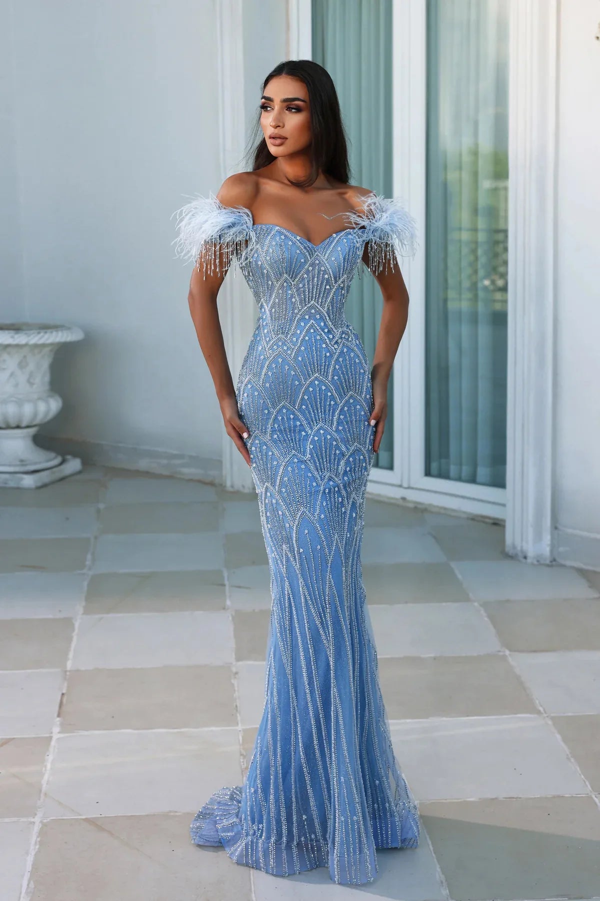 Feathers Beaded Long Prom Formal Gowns