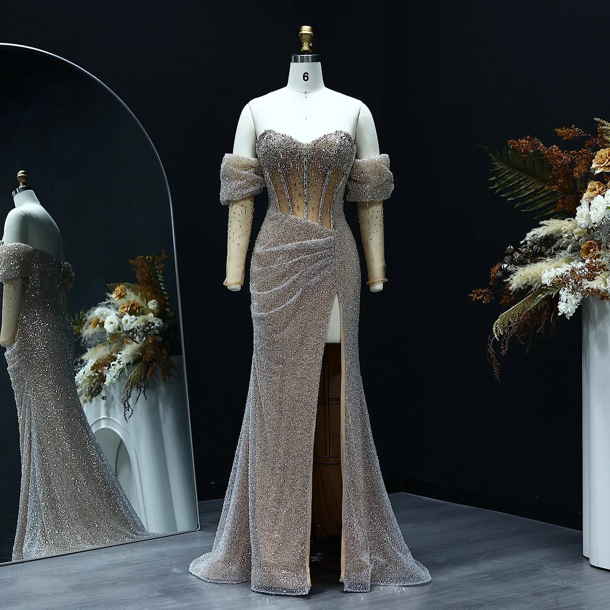 Slit Mermaid Crystal Silver Evening Dress with Sleeves