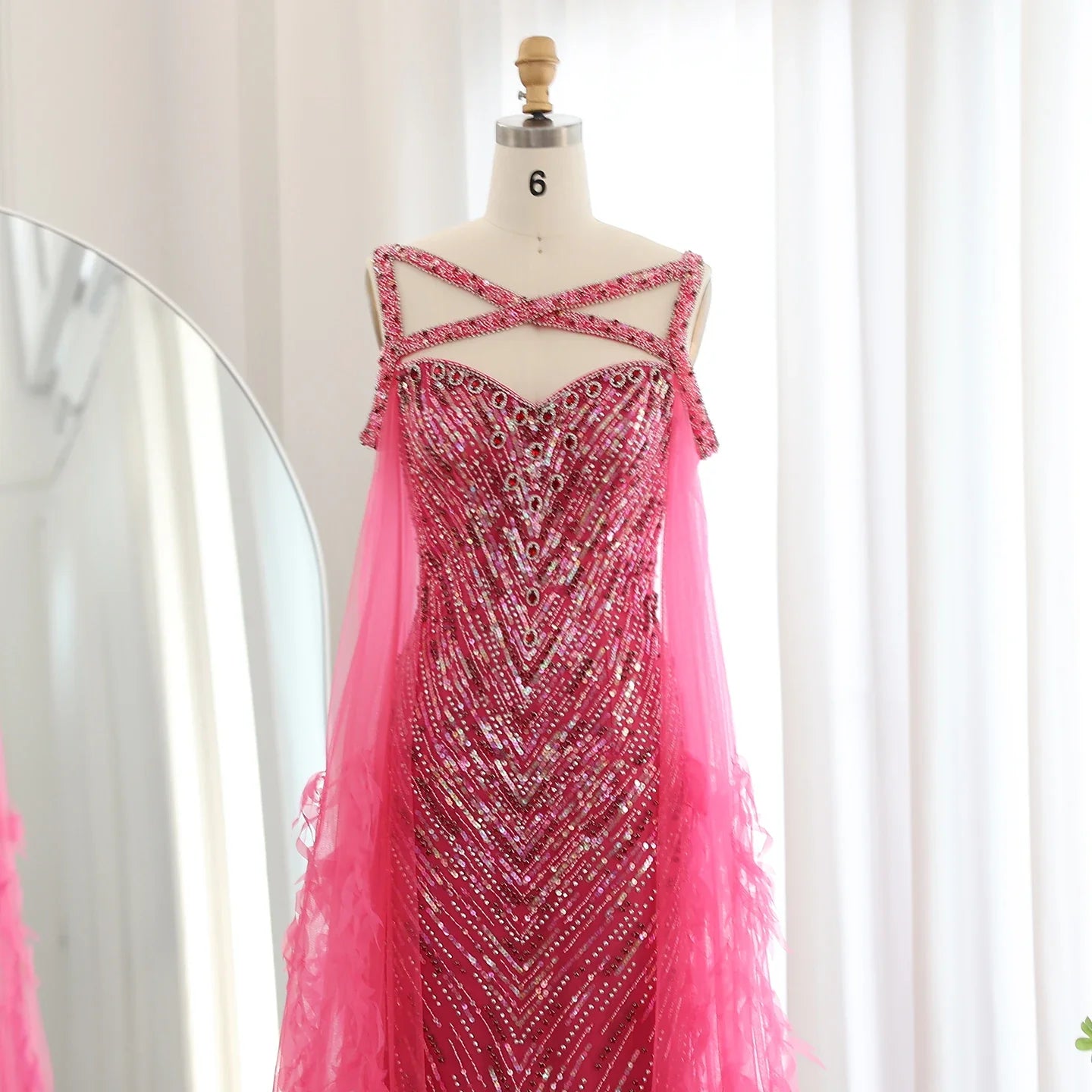 Crystal Fuchsia Mermaid Evening Dresses with Cape Sleeves